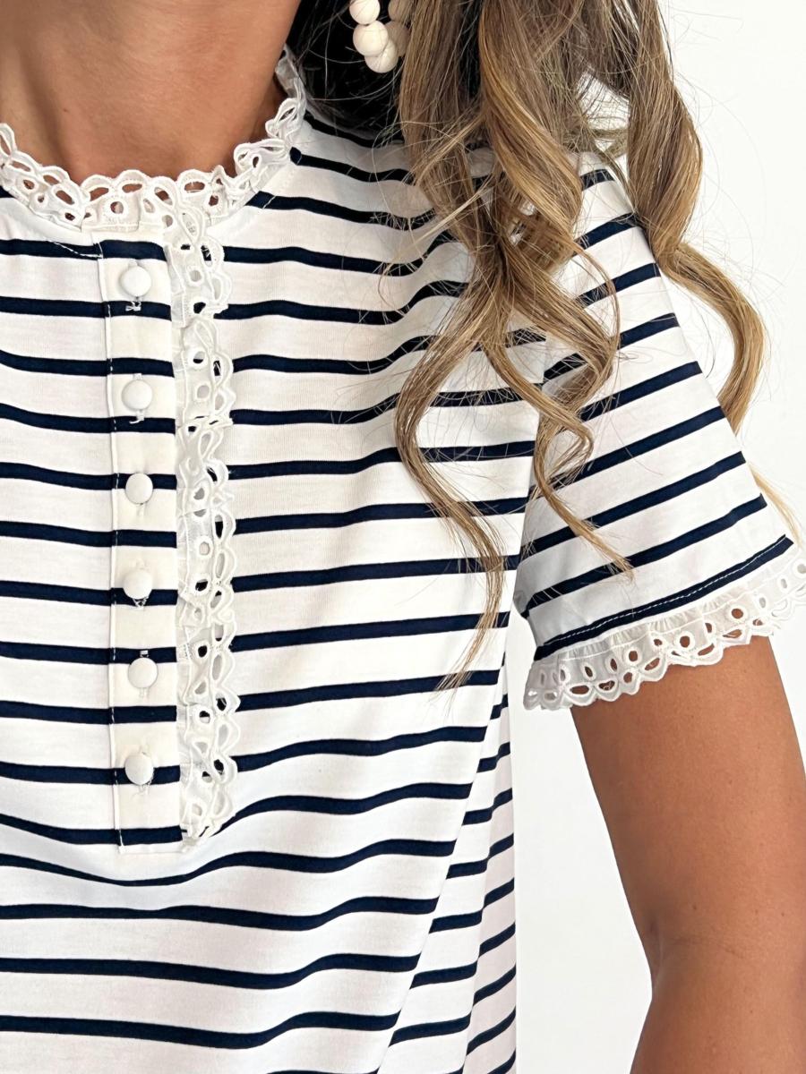 Tee-shirt Marin Armor Lux Rayé - Col V Coton Épais - Taille T4 (42/44) - Occasion Très Bon État