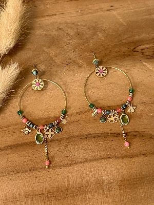 Boucles d’oreilles Olivia (vertes/roses)