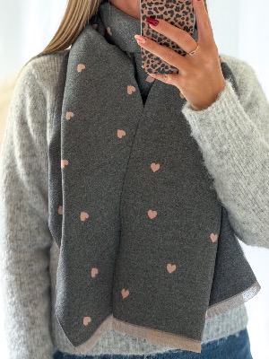 Echarpe bi colore petits cœurs (gris/rose)